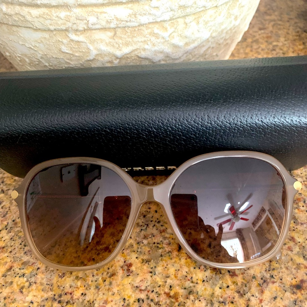 New Burberry  taupe sunglasses with gold trim.